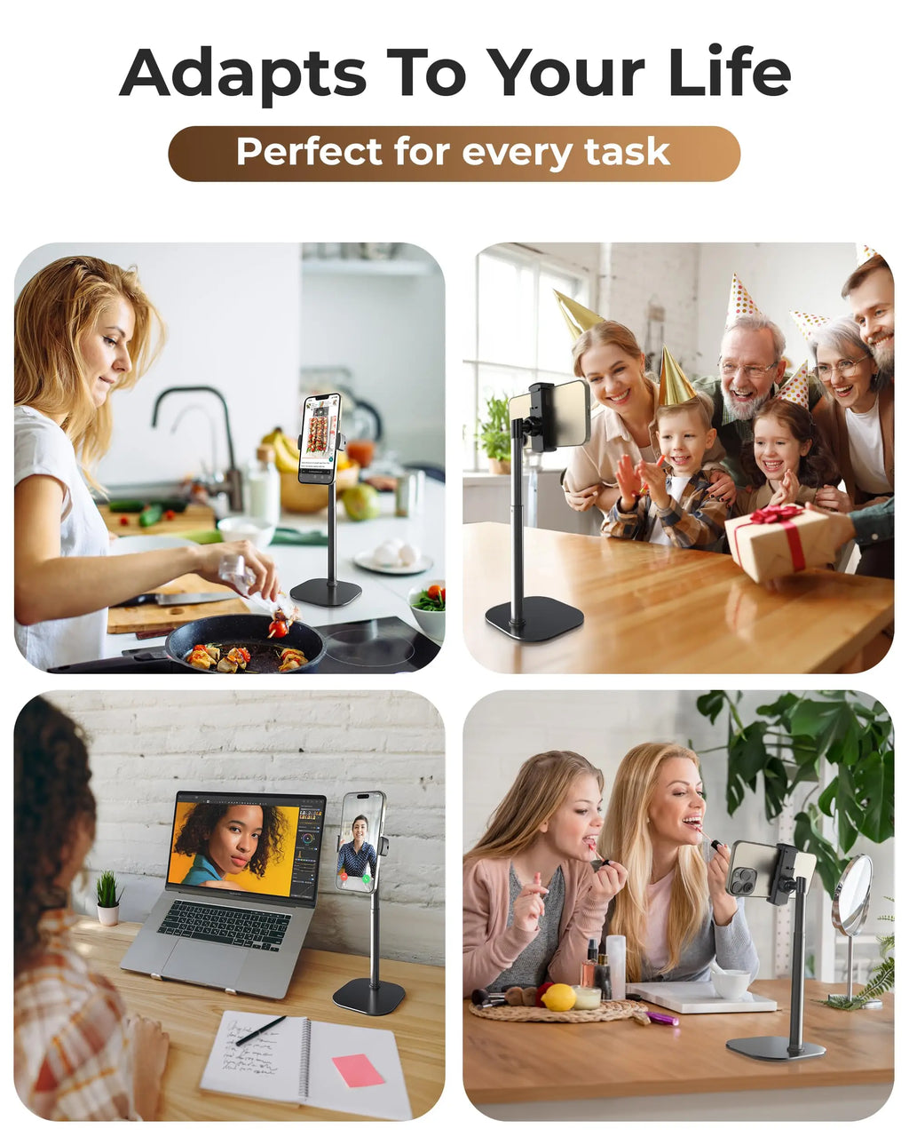 Adjustable Cell Phone Stand for Desk, Rotating Cell Phone Holder for Desk with 9-14" Face-Level View, Metal Desktop Tripod