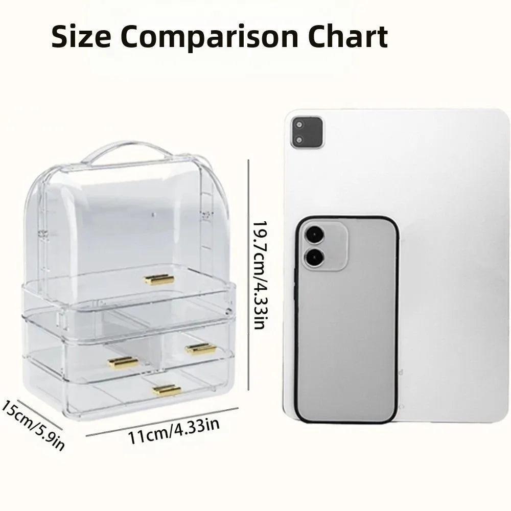 Drawer Style Cosmetics Storage Box with Lid and Handle Dustproof Makeup Storage Rack Clear Desktop Organizer