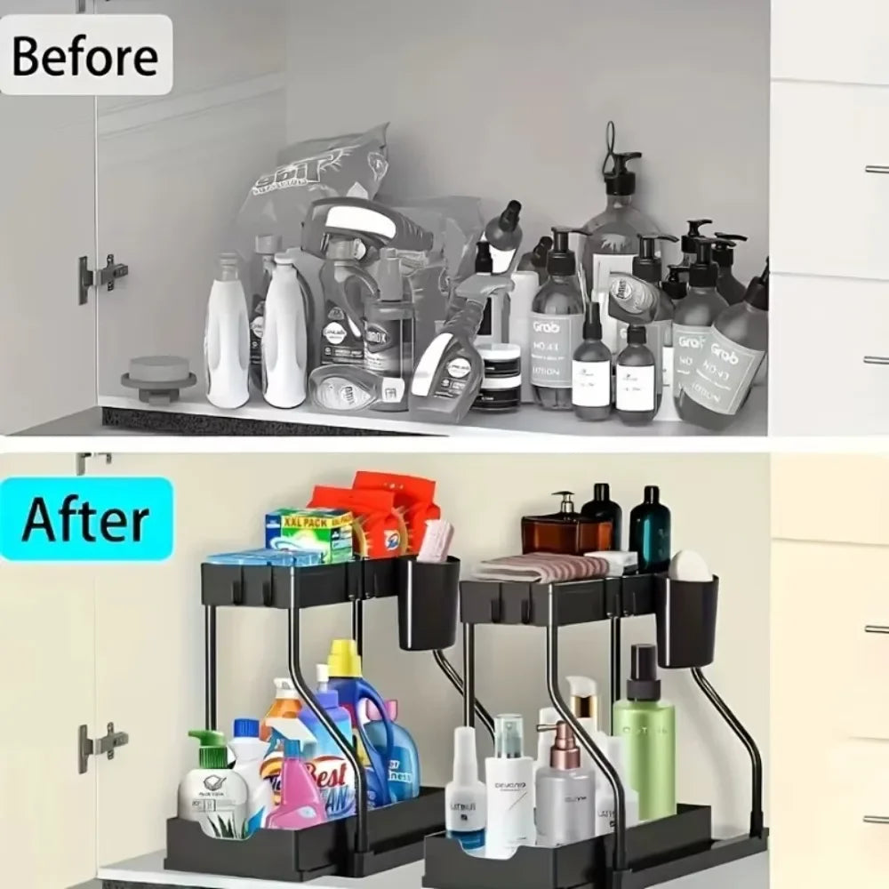 2026 2 Tier Slide Out Under Sink Organizer Large Capacity Space Saving Rack for Kitchen Bathroom Cabinet