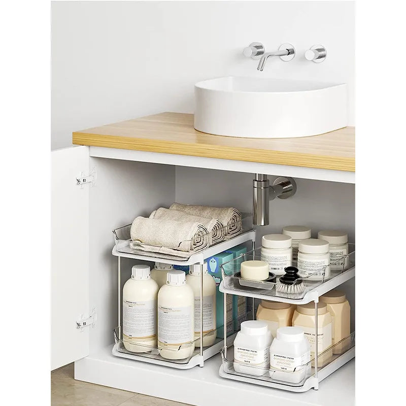 Double Layer Under Sink Storage Rack Space Saving Pull Out Slide Shelf for Bathroom Kitchen Cabinet Multi Functional Organizer