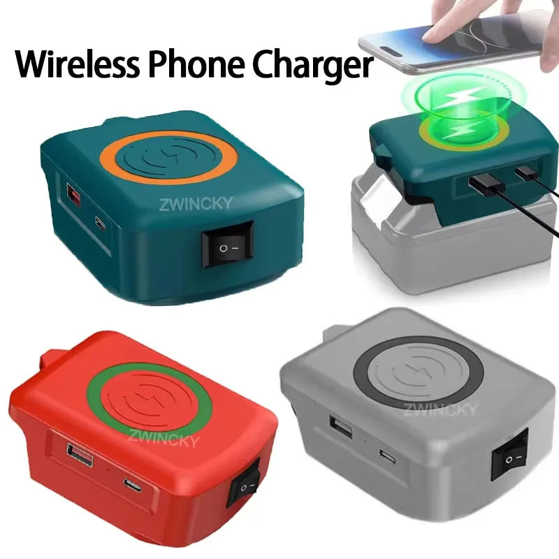 Magnetic wireless charger, for Dewalt/Makita/Milwaukee 18V Li-ion Battery, with USB/TYPE-C, Fast charging battery adapter