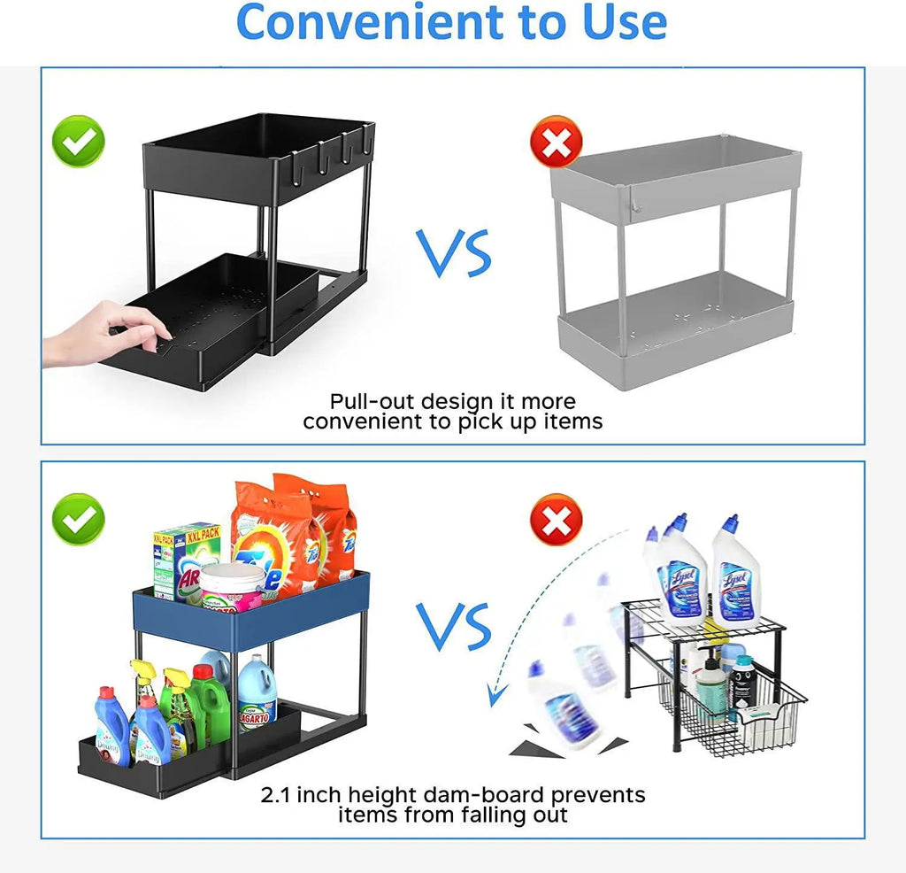New 2 Tier Pull Out Under Sink Organizer, Sliding Cabinet Storage Shelf with Hooks & Cup, Multipurpose Rack for Kitchen Bathroom