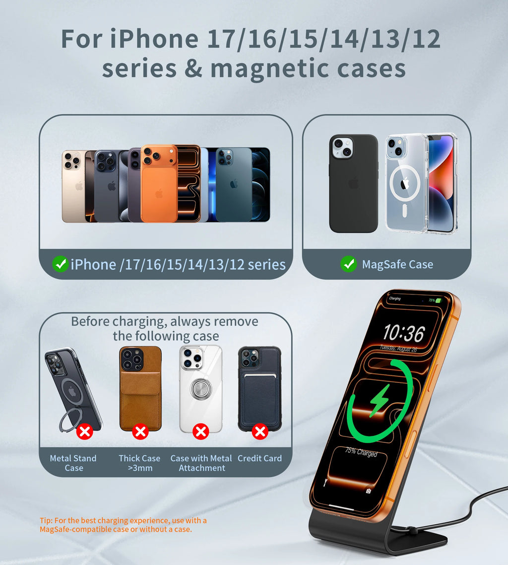 Magnetic Wireless Charger for iPhone 17/16/15/14/13/12 - Mag Charger , Fast Wireless Charging Stand/Pad with 5ft USB-C Cable for