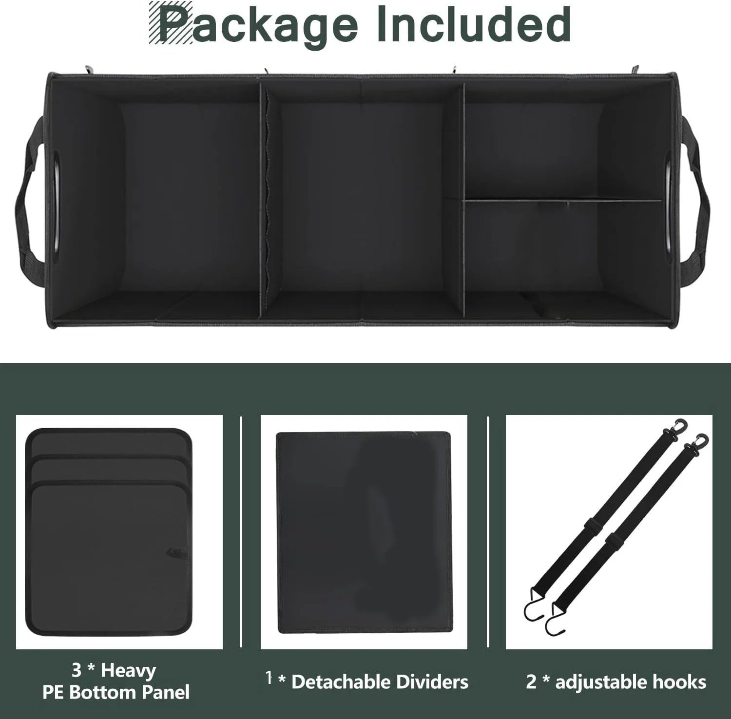 Trunk Organizer for Car, 95L Large Capacity Storage with Non-Slip Bottom Strips and 2 Retractable Straps