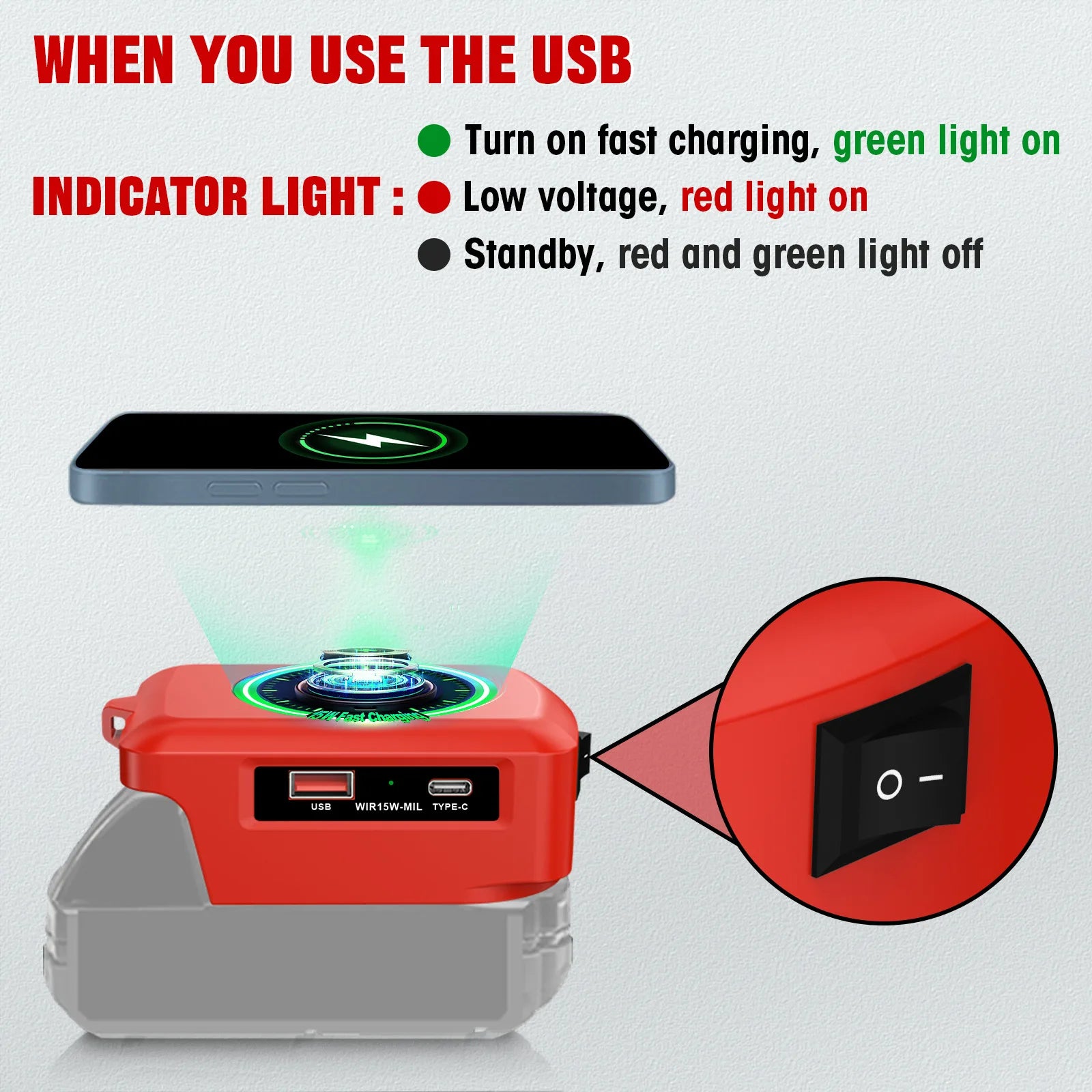 15W Wireless Charger for Makita Dewalt Milwaukee Bosch 18V-20V Battery USB Type-C Fast Charging Adapter PD QC Mobile Phone