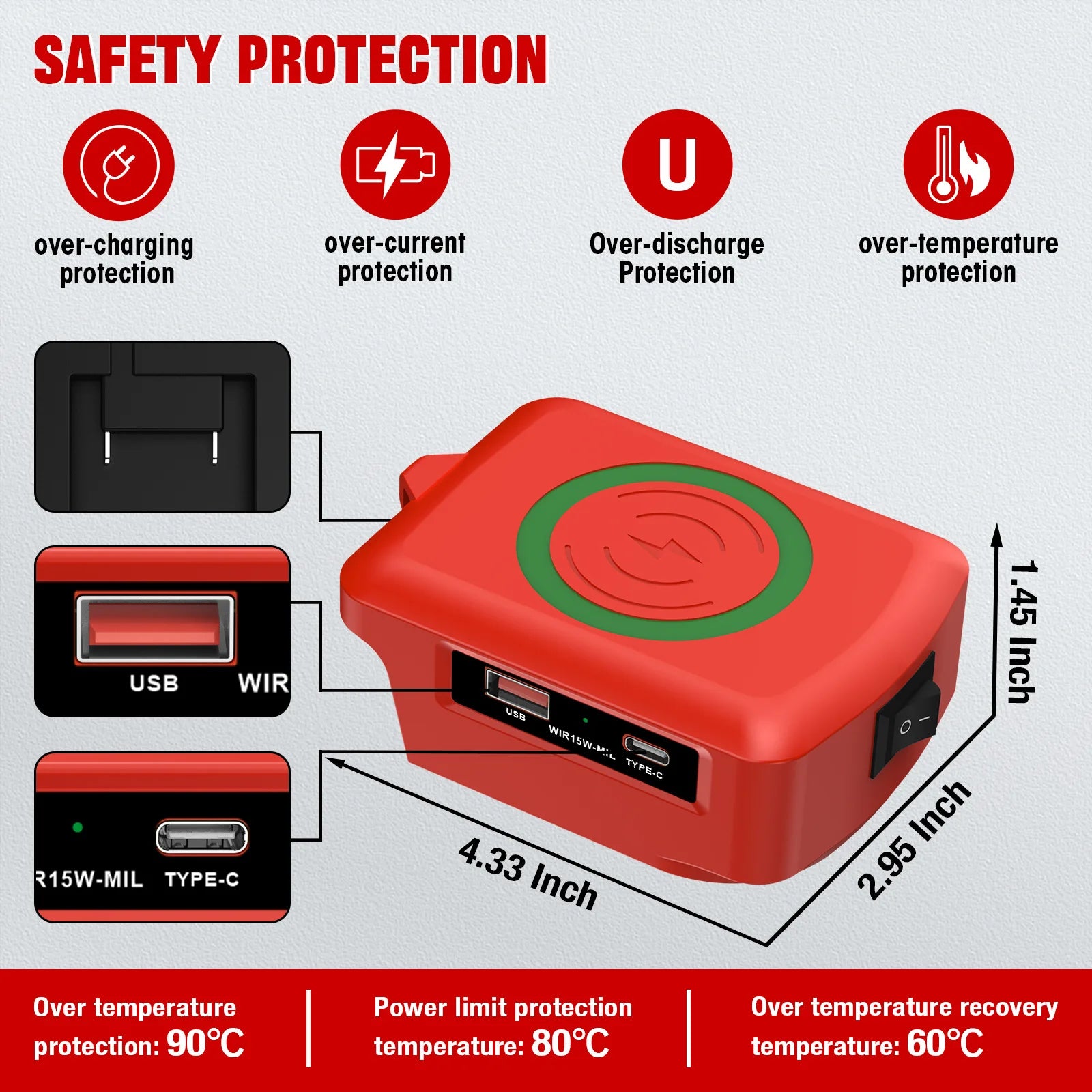15W Wireless Charger for Makita Dewalt Milwaukee Bosch 18V-20V Battery USB Type-C Fast Charging Adapter PD QC Mobile Phone