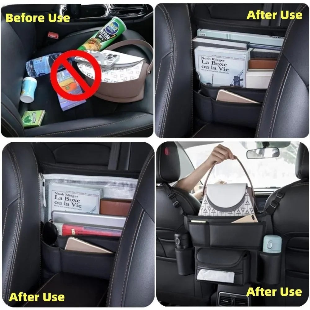 KJOY Between-Seat Car Organizer – Hanging Storage Bag with Cup Holder, Tissue Slot & Handbag Hook, Keeps Car Tidy