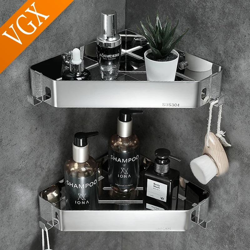 VGX Bathroom Shelf Shower Trangle Shelfes Corner Storage Rack Wall Mounted Shelves Stainless Steel Basket Kitchen Accessories