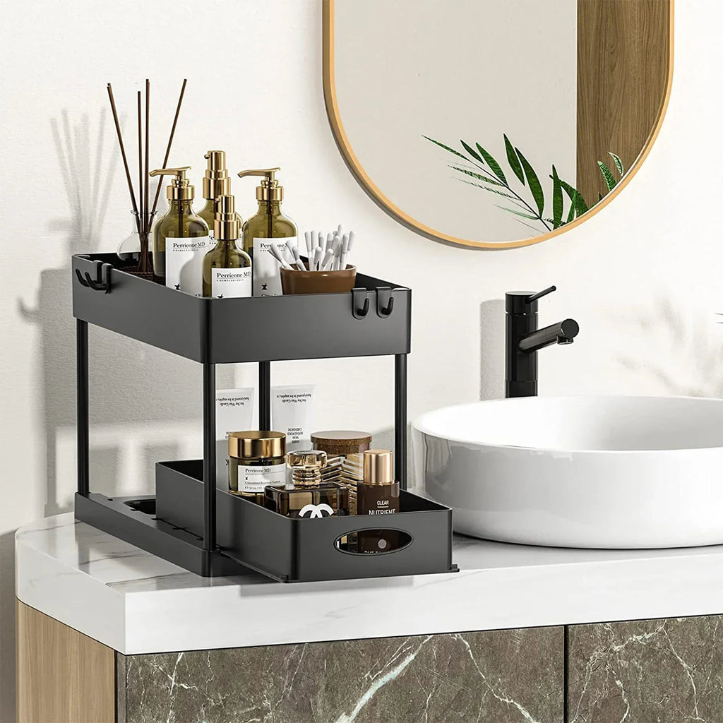 Bathroom Kitchen 2 Tier Under Sink Organizer Sliding Cabinet Storage Basket Rack with Hooks Hanging Cup