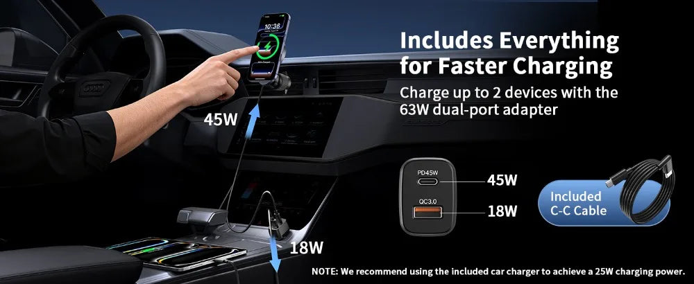 25W Magnetic Wireless Charger with Cooling Fan for iPhone 17/16/15/14/13/12 Car Vent Phone Holder Mount with 63W Cars Chargers