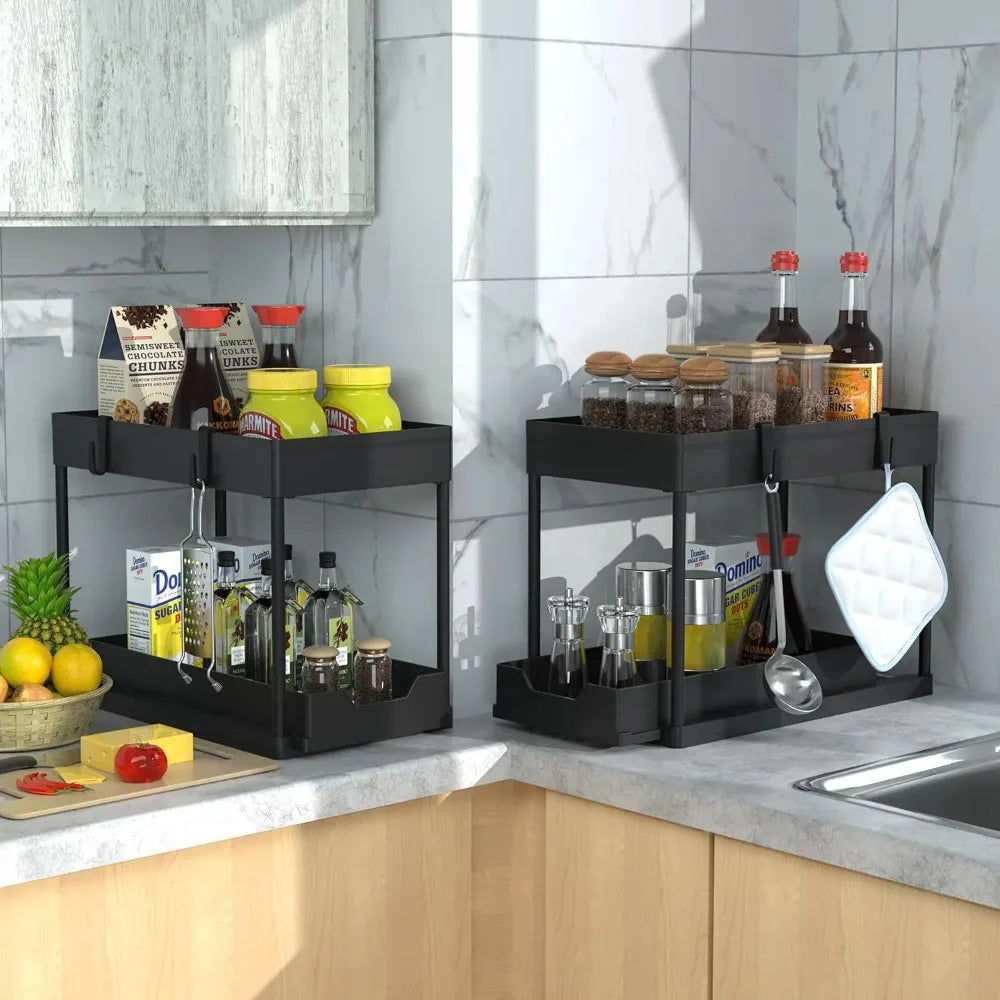 2 Pack 2 Tier Under Sink Organizer with Sliding Basket Multi Purpose Bathroom Cabinet Organizer Under Sink Storage