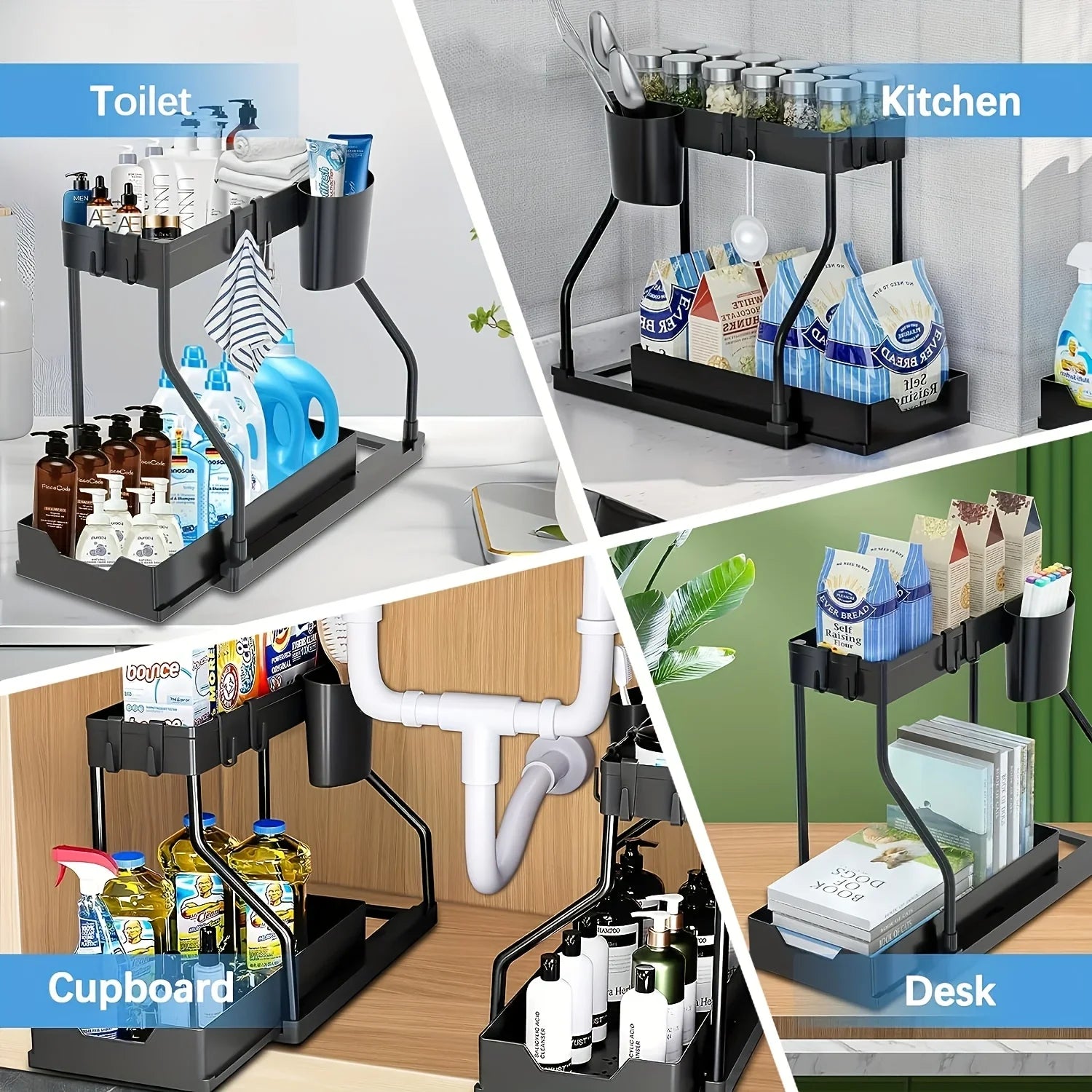 2026 2 Tier Slide Out Under Sink Organizer Large Capacity Space Saving Rack for Kitchen Bathroom Cabinet