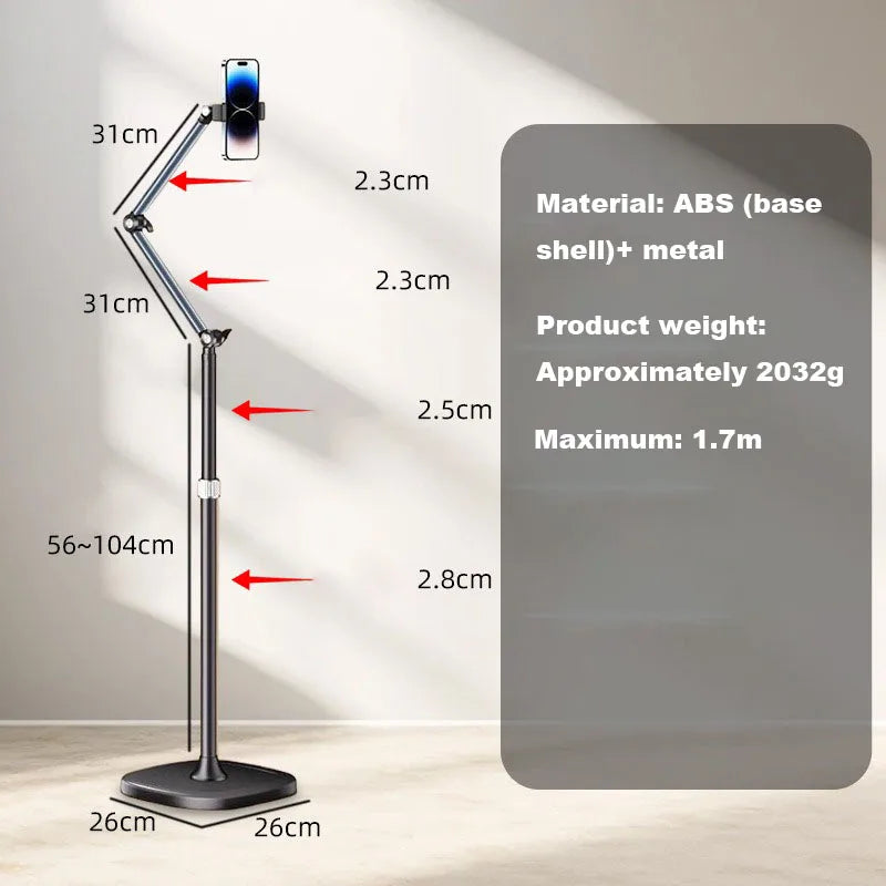 Stretchable Stand Holder Height Adjustable Arm 360-Degree Rotatable Phone Floor Stand with Base for Live Shooting Phone Holder