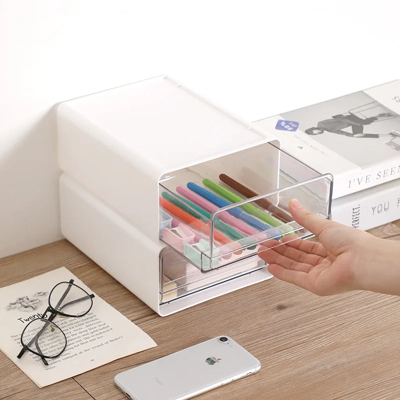 Stackable Drawer Organizer Desktop Storage Box Portable Cabinet for Office & Study Transparent Drawers with Combination Design