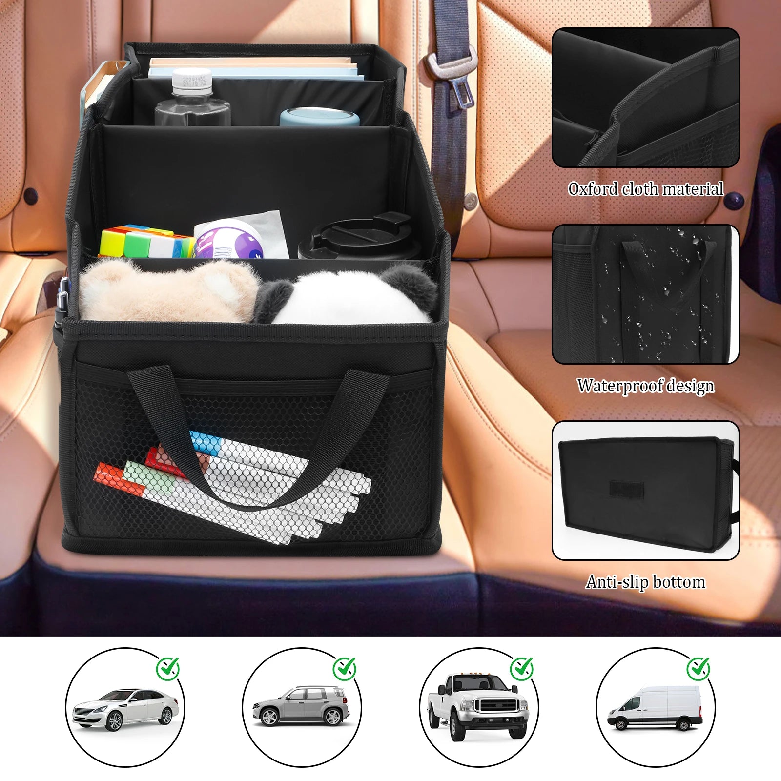 Car Seat Caddy Organiser Large Capacity Foldable Passenger Seat Storage Organizer With 4 Compartment for Automotive Home Office