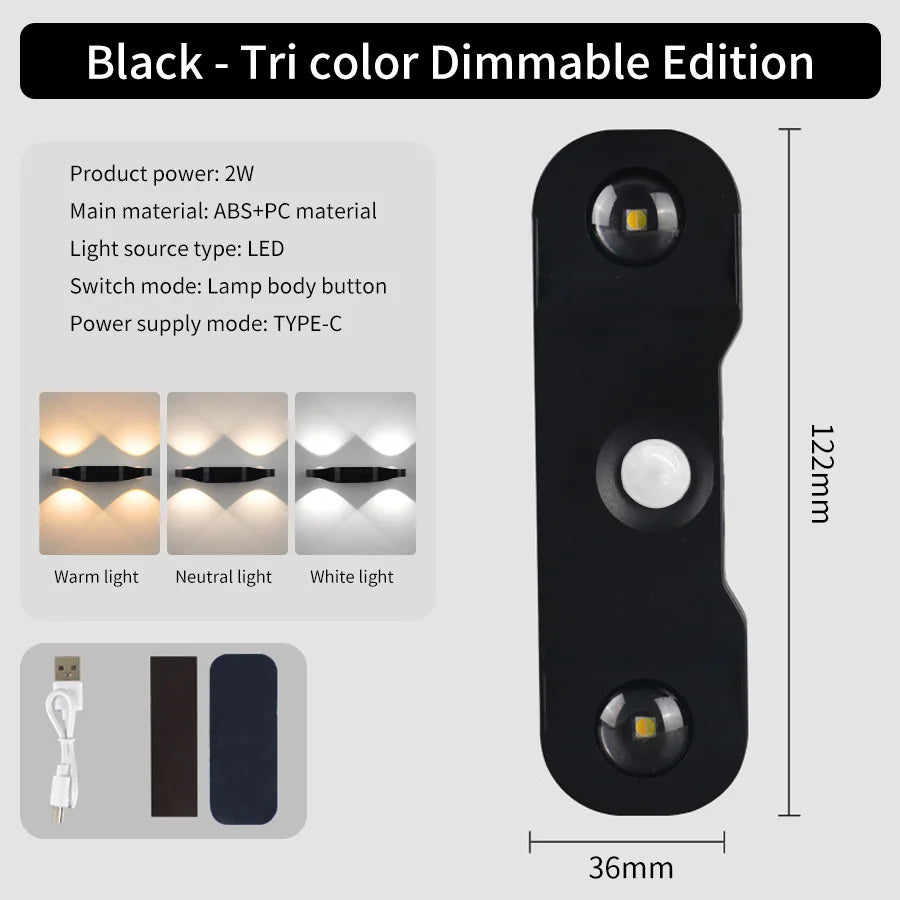 LED Motion Sensor Wall Light RGB 3Color Magnetic Rechargeable Night Lamp USB Touch Dimming Cabinet Stair Atmosphere Light Decor