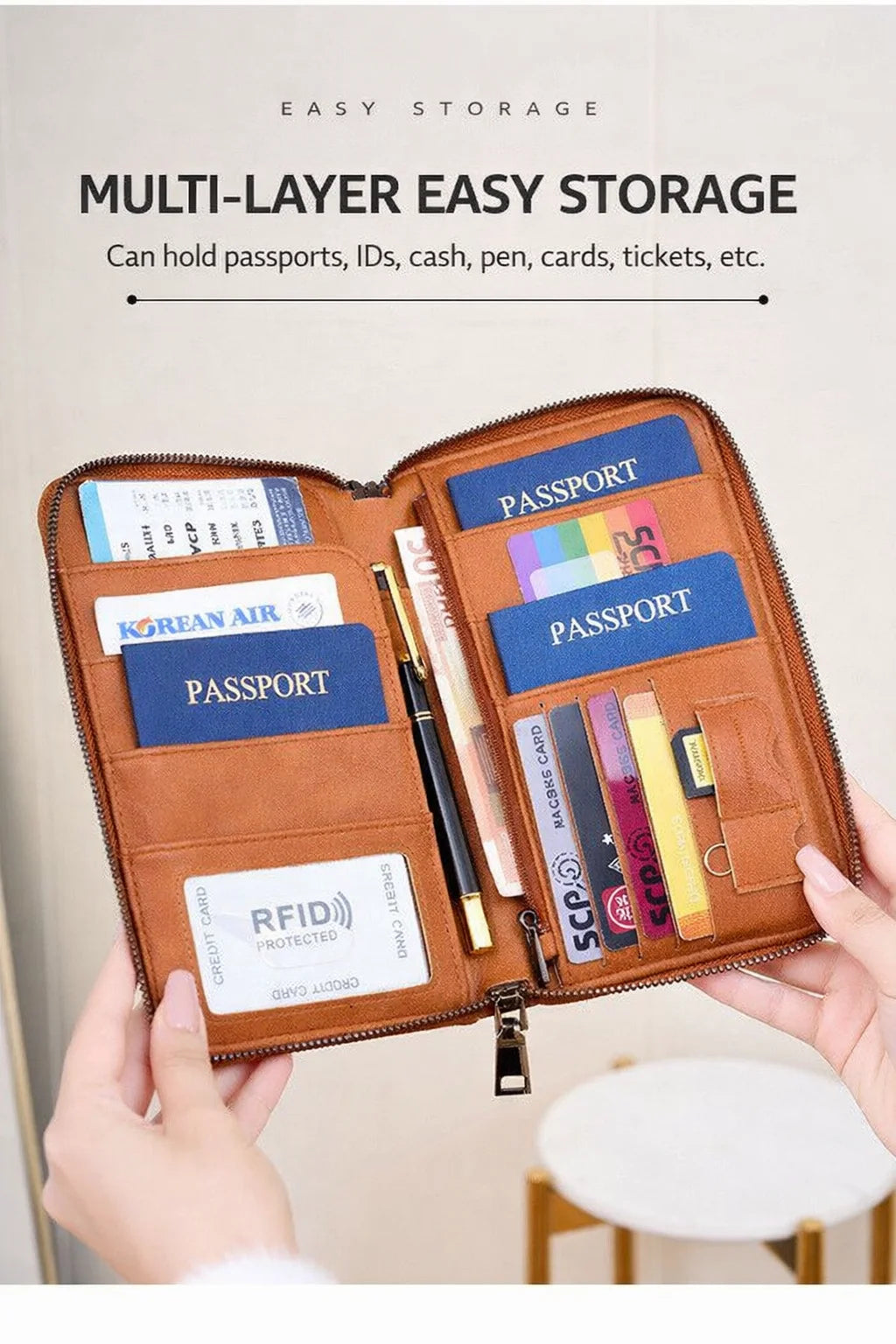 Family Passport Holder for 5, Leather RFID Blocking Multiple Passport Holder Wallet with Zipper, Travel Document Organizer