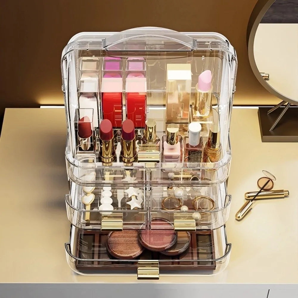 Drawer Style Cosmetics Storage Box with Lid and Handle Dustproof Makeup Storage Rack Clear Desktop Organizer