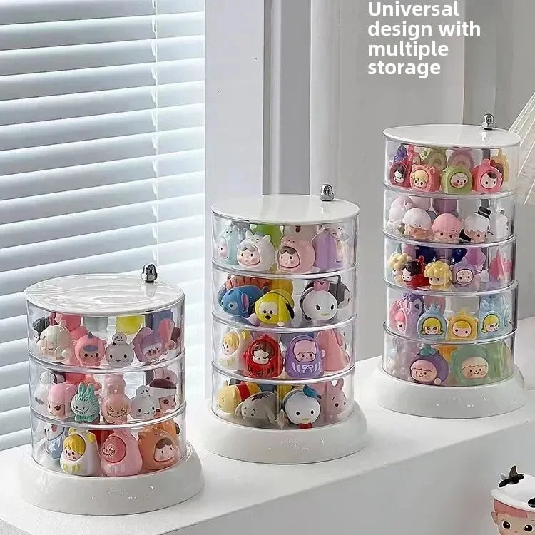 Adorable Rotating Storage Box Transparent Multi-layer White Bottom Small Figurine Organizer Box Home Dustproof Universal Jewelry