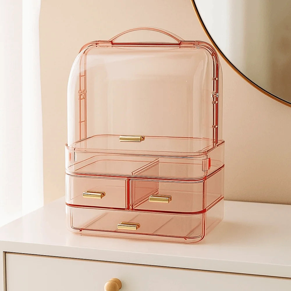 Drawer Style Cosmetics Storage Box with Lid and Handle Dustproof Makeup Storage Rack Clear Desktop Organizer