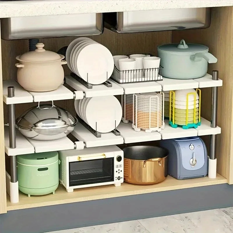 Adjustable Under Sink Storage Rack Expandable Kitchen & Bathroom Cabinet Organizer Durable Space-Saving Multi-Layer Pot Holder