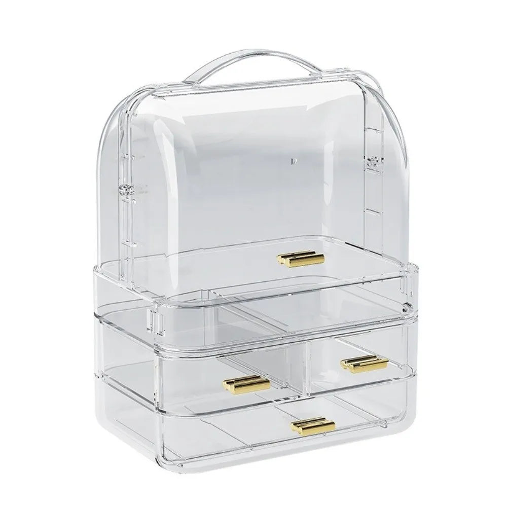Drawer Style Cosmetics Storage Box with Lid and Handle Dustproof Makeup Storage Rack Clear Desktop Organizer