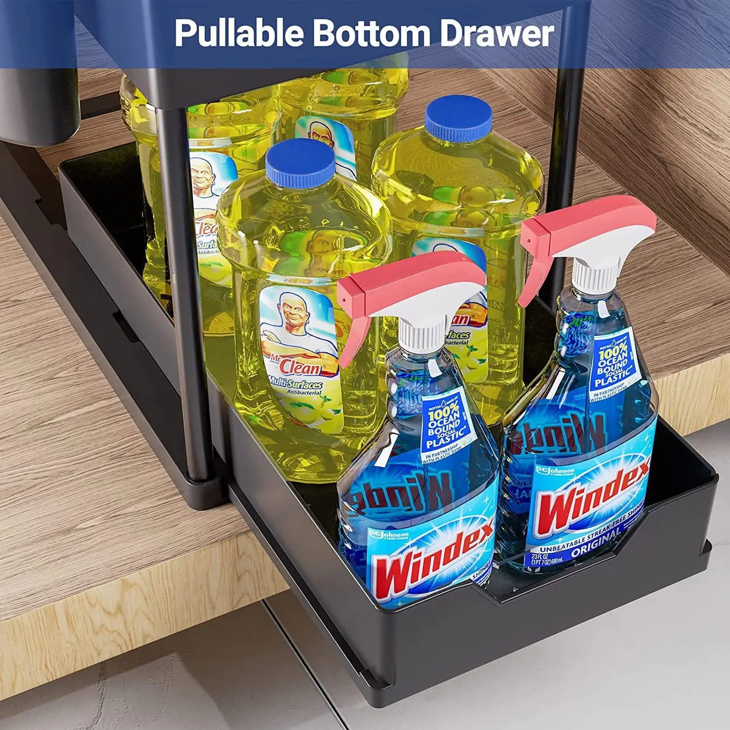 New 2 Tier Pull Out Under Sink Organizer, Sliding Cabinet Storage Shelf with Hooks & Cup, Multipurpose Rack for Kitchen Bathroom