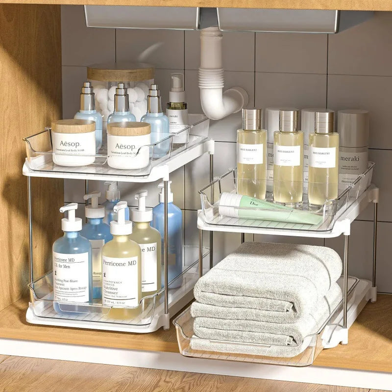 Double Layer Under Sink Storage Rack Space Saving Pull Out Slide Shelf for Bathroom Kitchen Cabinet Multi Functional Organizer