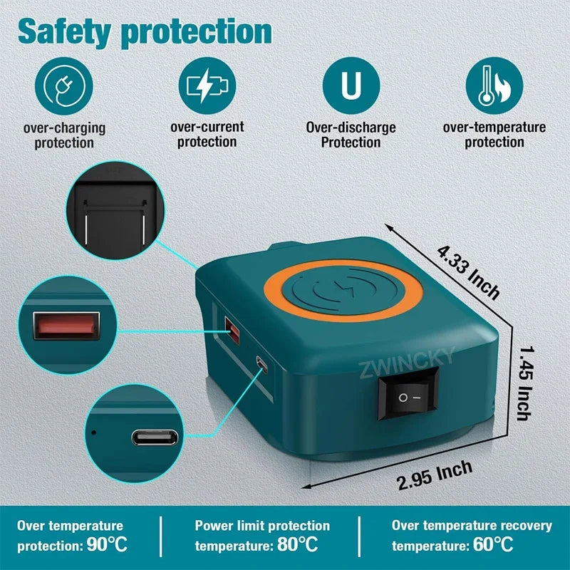 Magnetic wireless charger, for Dewalt/Makita/Milwaukee 18V Li-ion Battery, with USB/TYPE-C, Fast charging battery adapter