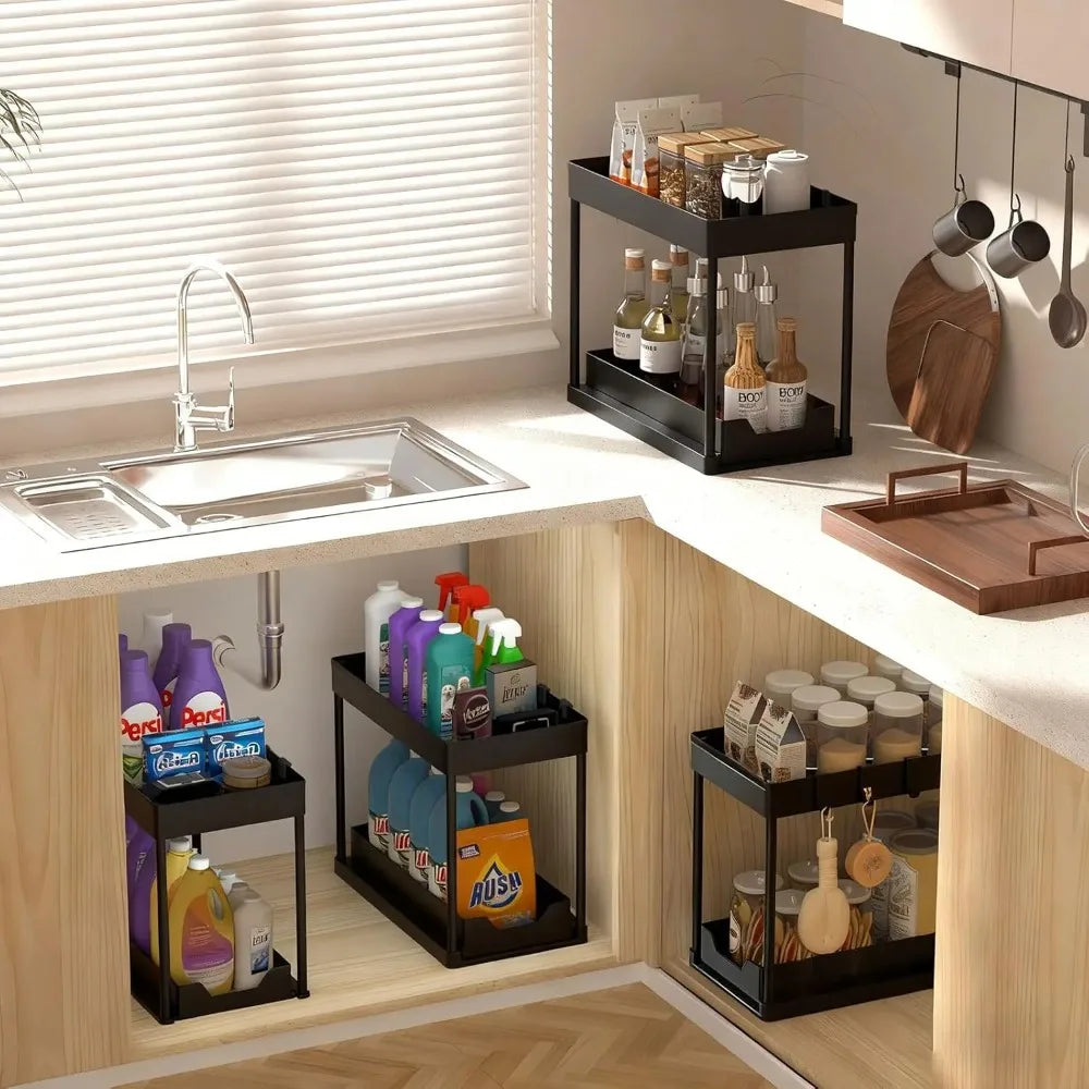 2 Pack 2 Tier Under Sink Organizer with Sliding Basket Multi Purpose Bathroom Cabinet Organizer Under Sink Storage