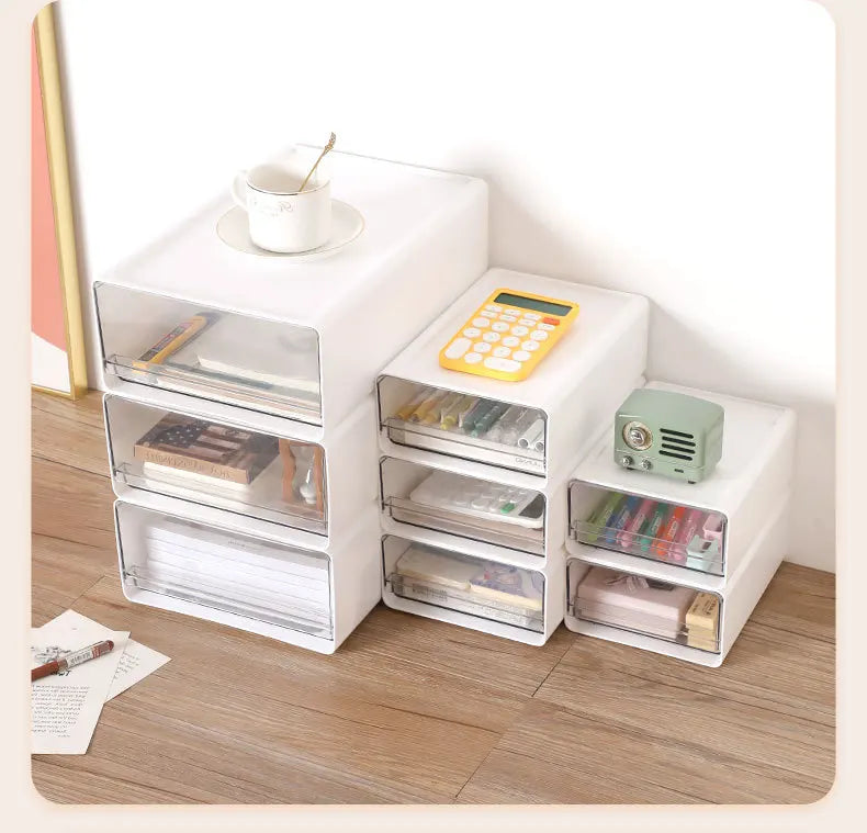 Stackable Drawer Organizer Desktop Storage Box Portable Cabinet for Office & Study Transparent Drawers with Combination Design
