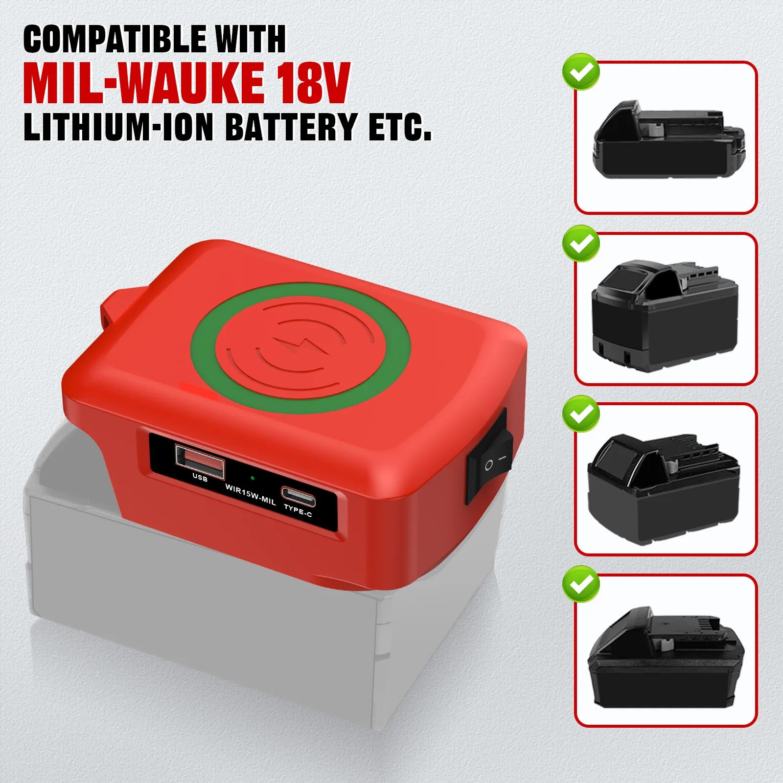 15W Wireless Charger for Makita Dewalt Milwaukee Bosch 18V-20V Battery USB Type-C Fast Charging Adapter PD QC Mobile Phone