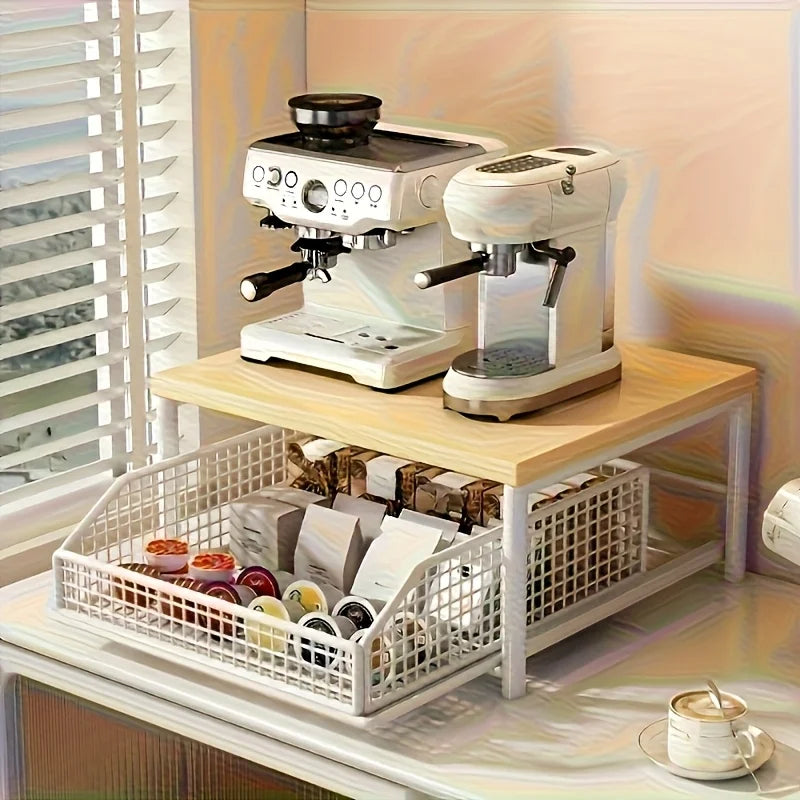 Space-Saving Kitchen Countertop Organizer with Drawer & Wire Basket - for Coffee Maker, Utensils, Spices