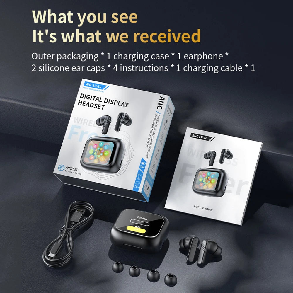Bluetooth 5.4 ANC Headset Color Screen Touch Active Noise Cancellation Earbuds HIFI Stereo Sports Waterproof Earphones