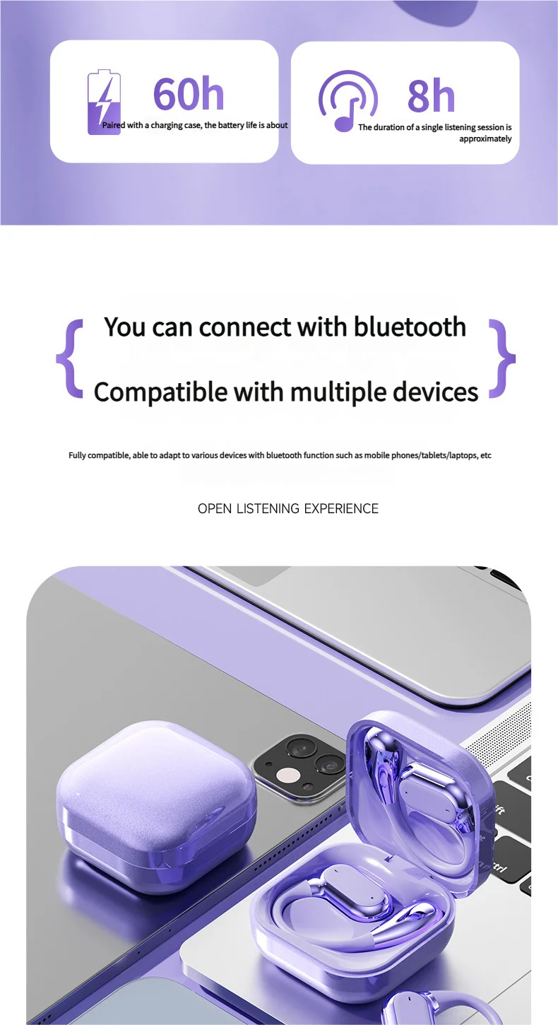 Open Ear Bluetooth 5.4 Headphones Wireless Sports Earbuds for Running Fitness Learning with Microphone