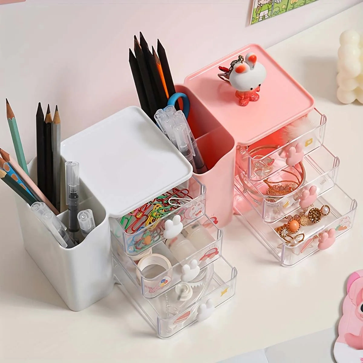 Desktop Organizer WIth Drawer Multifunctional Drawer Storage Box LargeCapacity Stationery Organizer For Cosmetic Office Supplies