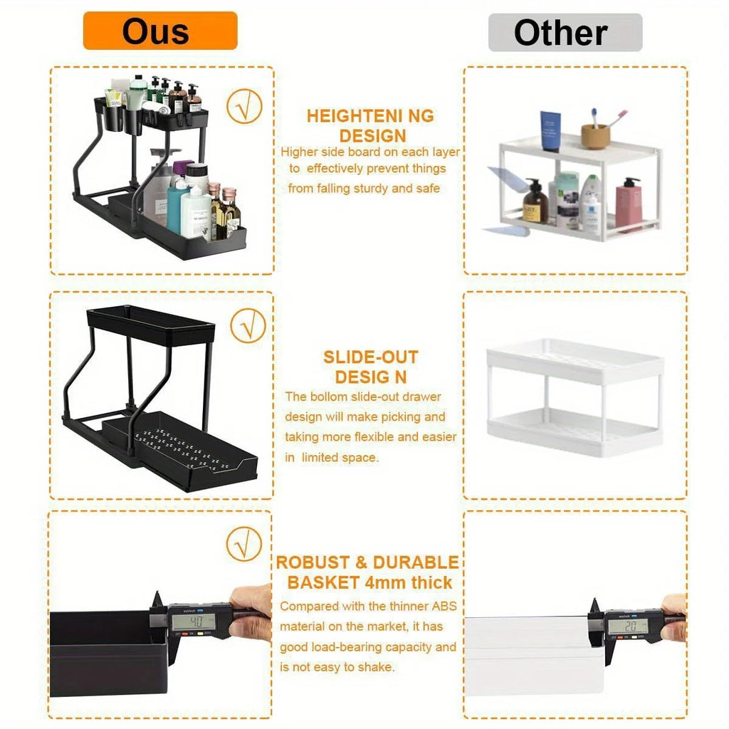 2 Tier Under Sink Organizer, Pull Out Cabinet Storage Shelf with Hooks & Hanging Cup, Space Saving Rack for Kitchen Bathroom