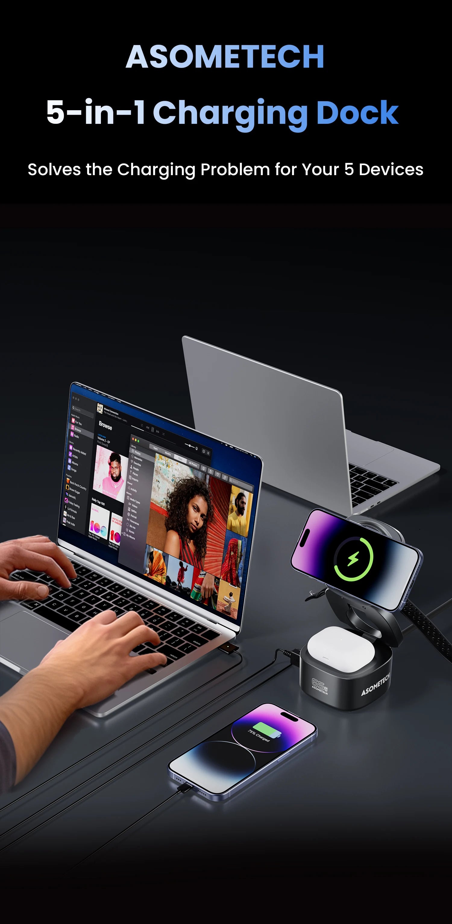 65W GaN USB Type C Wireless Charger Station 5 In 1 USB C PD3 0 QC3 0 For Mackook Phone iPhone 16 AirPods iWatch Wireless Charger