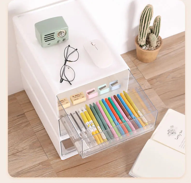 Stackable Drawer Organizer Desktop Storage Box Portable Cabinet for Office & Study Transparent Drawers with Combination Design