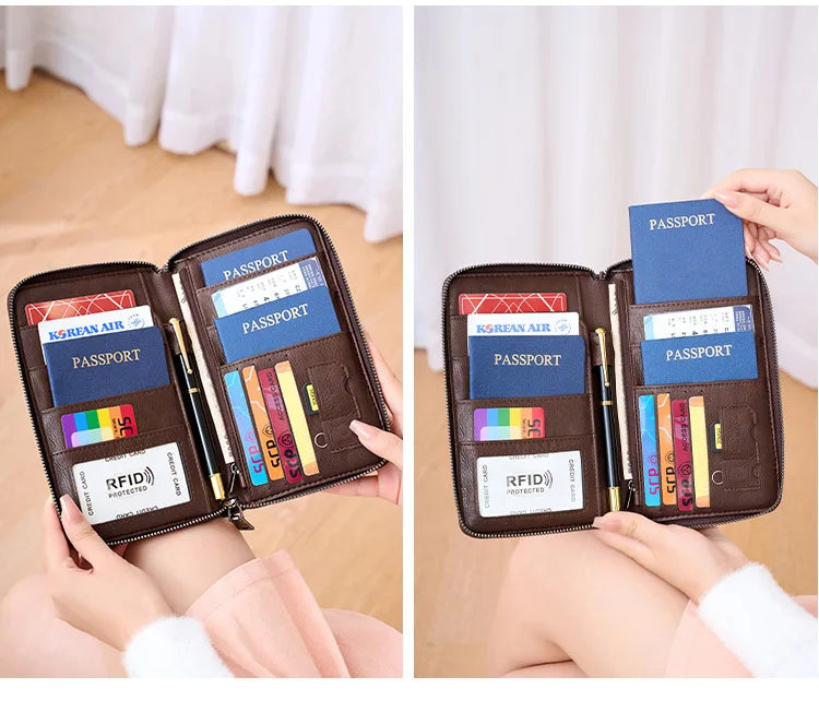 Family Passport Holder for 5, Leather RFID Blocking Multiple Passport Holder Wallet with Zipper, Travel Document Organizer