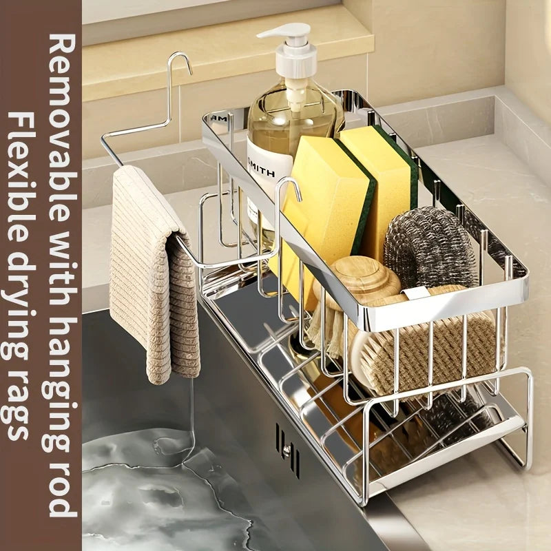 Stainless Steel Sink Caddy Organizer with Drain Tray, Rustproof Sponge Holder & Soap Dispenser for Kitchen Countertop Storage
