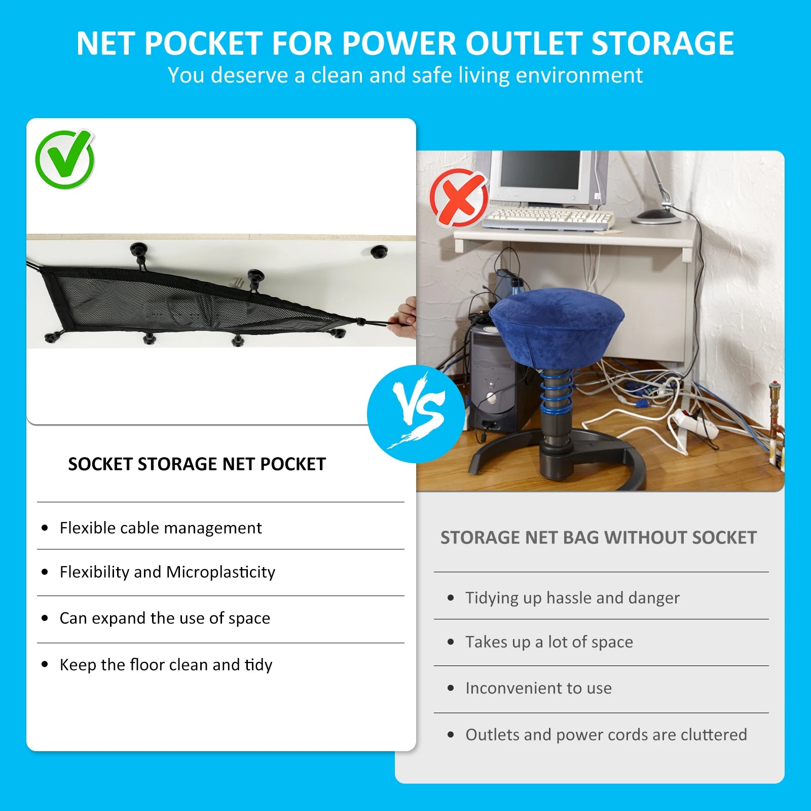 Cable Management Net Large Capacity Wire Organizer Net Flexible Adjustable Privacy Mesh Cord Organizer for Home Office Workbench