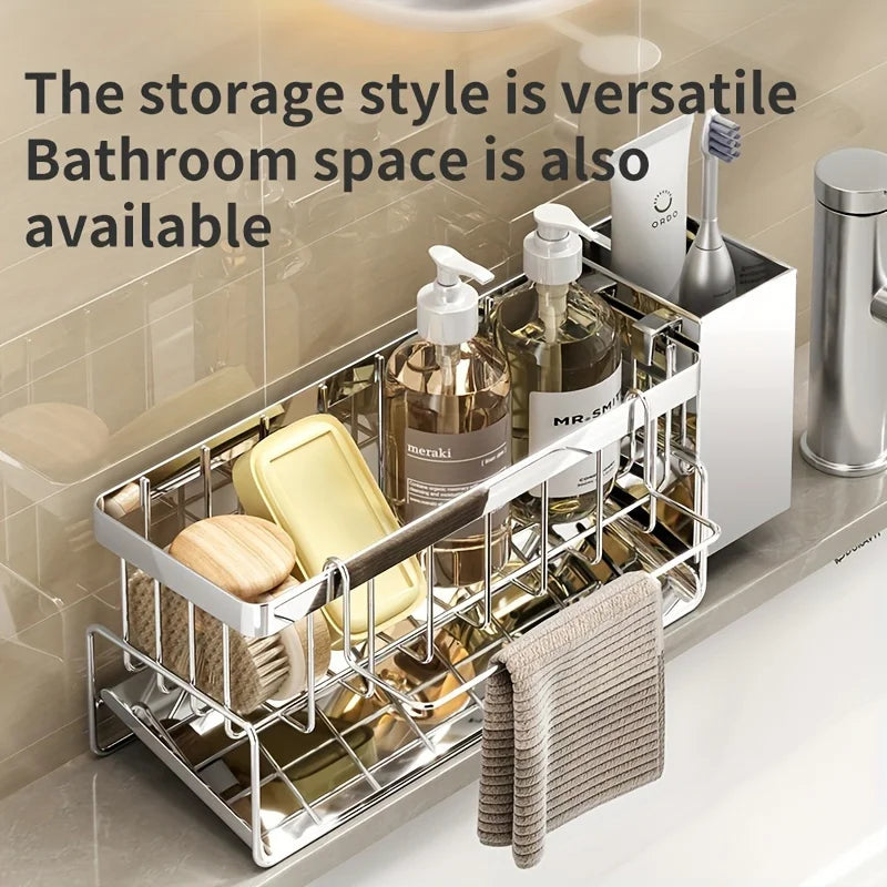 Stainless Steel Sink Caddy Organizer with Drain Tray, Rustproof Sponge Holder & Soap Dispenser for Kitchen Countertop Storage