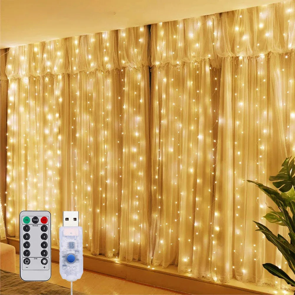 USB LED Curtain Light String, Christmas Room Decoration, Remote Control 8 Function Light Garland ,Wedding Birthday Home Decor