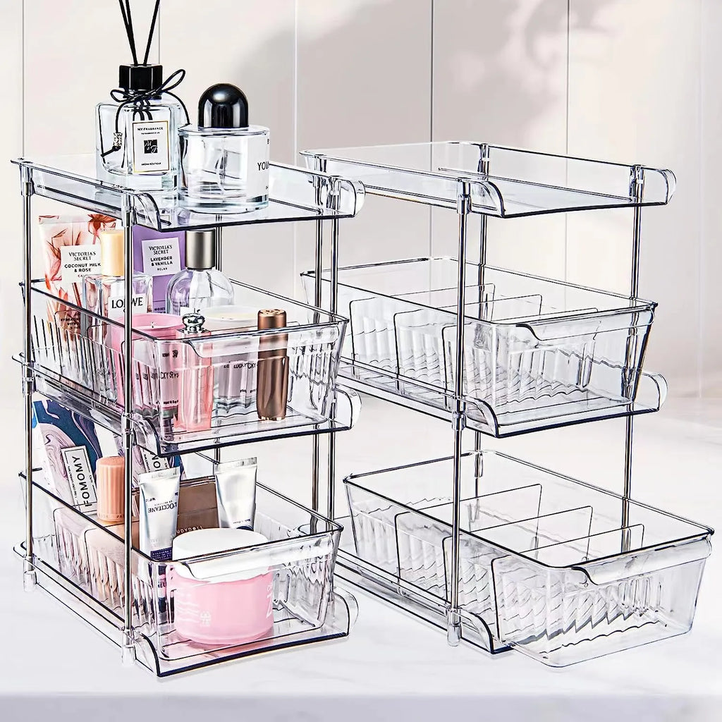 Double Layer Under Sink Storage Rack Space Saving Pull Out Slide Shelf for Bathroom Kitchen Cabinet Multi Functional Organizer