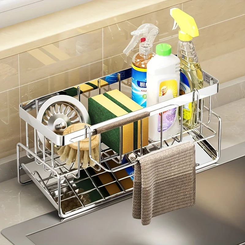 Stainless Steel Sink Caddy Organizer with Drain Tray, Rustproof Sponge Holder & Soap Dispenser for Kitchen Countertop Storage