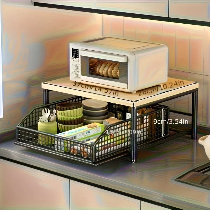 Space-Saving Kitchen Countertop Organizer with Drawer & Wire Basket - for Coffee Maker, Utensils, Spices