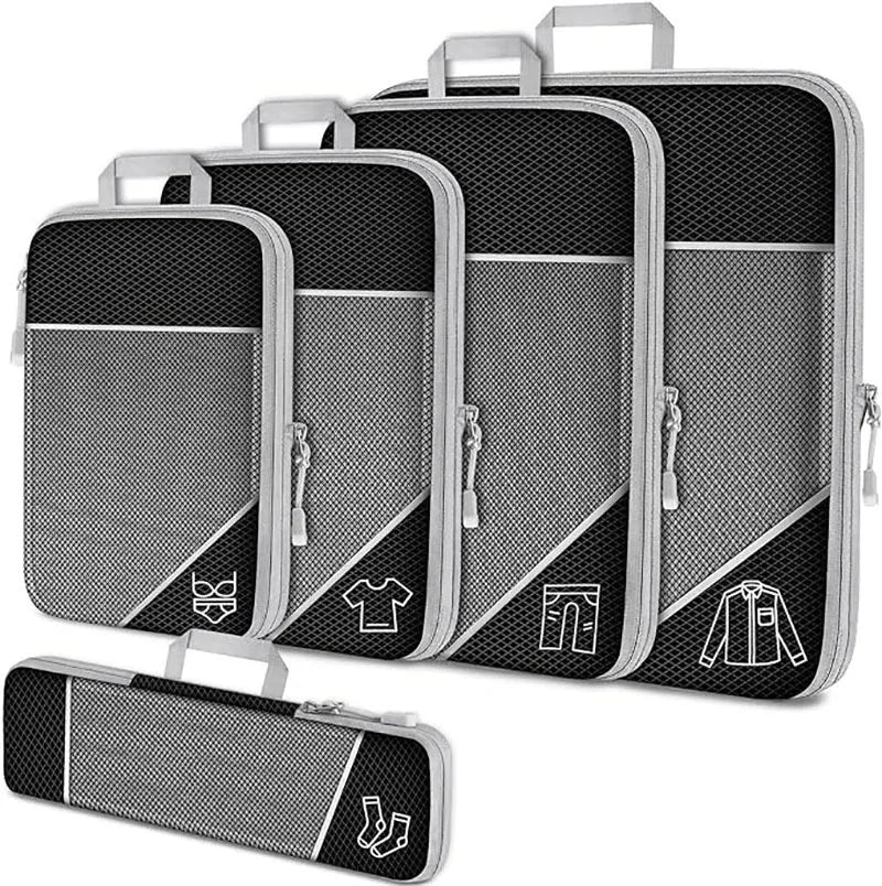 5PCS Travel Compressed Packing Cubes Storage Organizer Set With Shoe Bag Mesh Visual Luggage Portable Lightweight Suitcase Bag