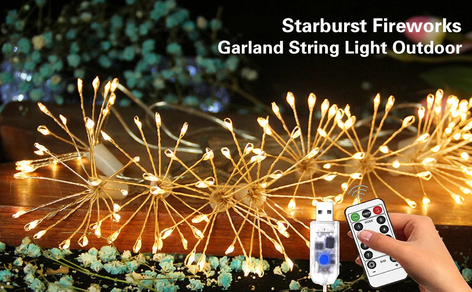 USB LED String Lights Outdoor Firework Fairy Lights 8 Modes Lighting Copper Wire LED Light for Camping Christmas Tree Decor Lamp