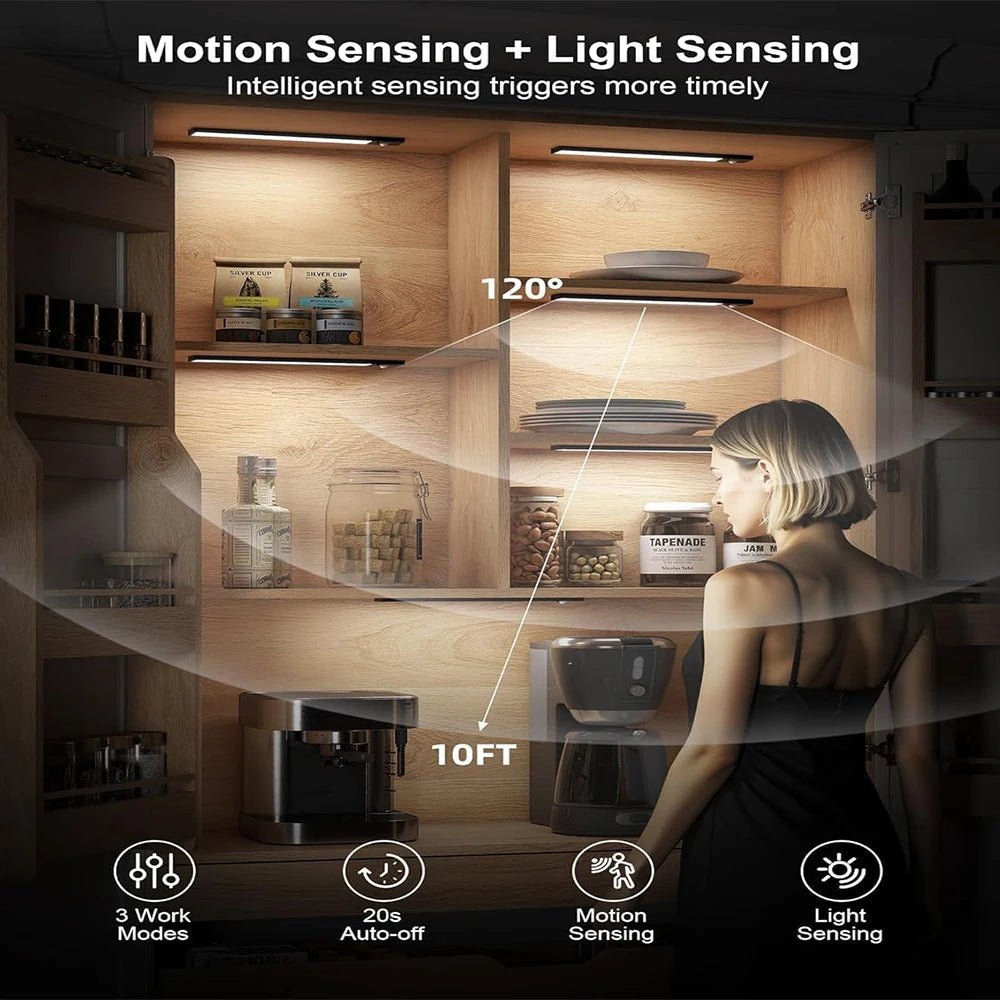 LED Motion Sensor Light 20/30cm Dimmable Under Cabinet Wireless Lamp Type-C Charge for Bedroom Kitchen Wardrobe Closet Workspace